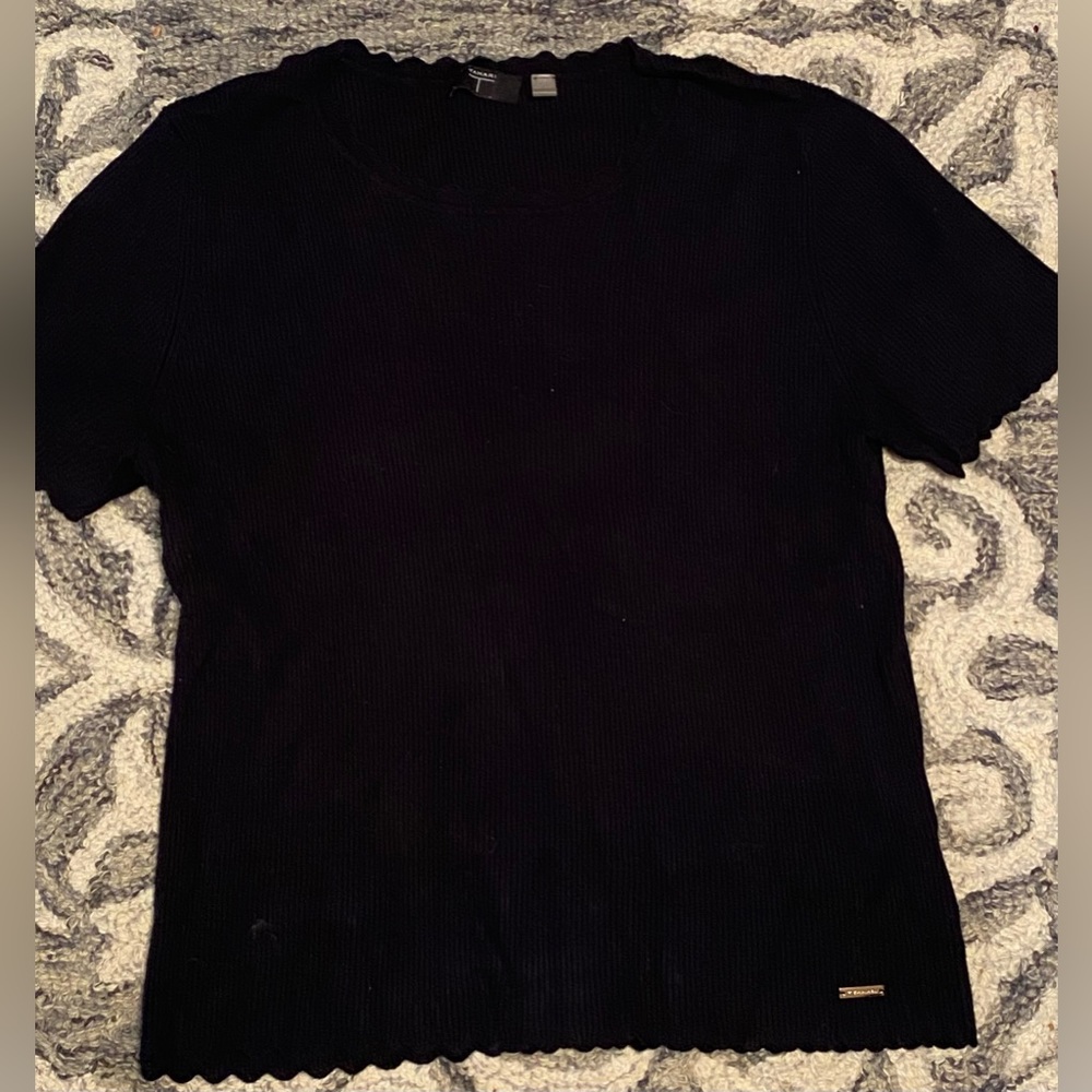 Navy Blue Tahari sweater shirt with scalloped edges